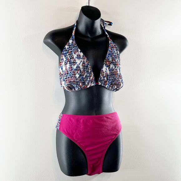 Swimsuits for All Smocked Triangle Top & Bikini Bottom Set Blue Pink 18 - Picture 6 of 15